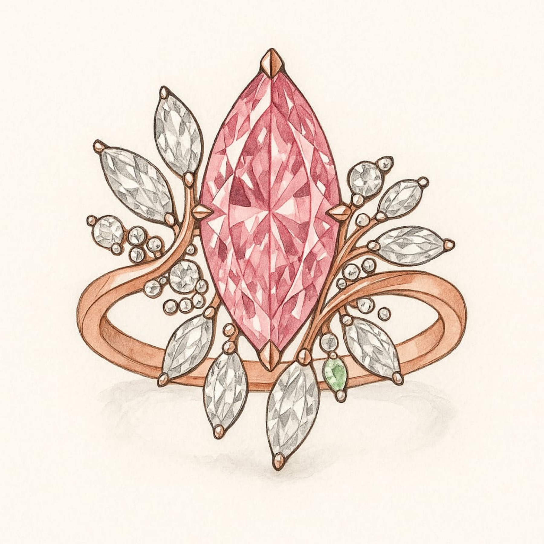 Hand-painted design sketch of a marquise-cut engagement ring